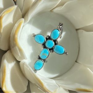 Sterling Silver Turquoise Cross Pendant Vintage Southwest Boho Artist Signed